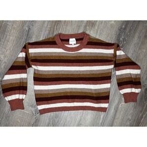 Pink Rose Women's Medium Striped Crew Neck Knit Sweater Brown Cream Orange